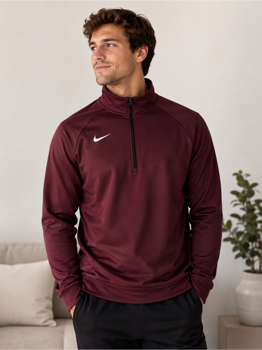 Nike Men's Maroon Half-Zip Athletic Pullover with White Swoosh